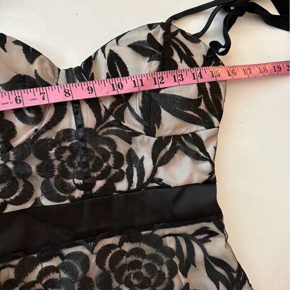 Mia Belle Romantic Mesh Floral Overlay W/Nude Underlay Velvet Bow Dress NWT M - Picture 12 of 15